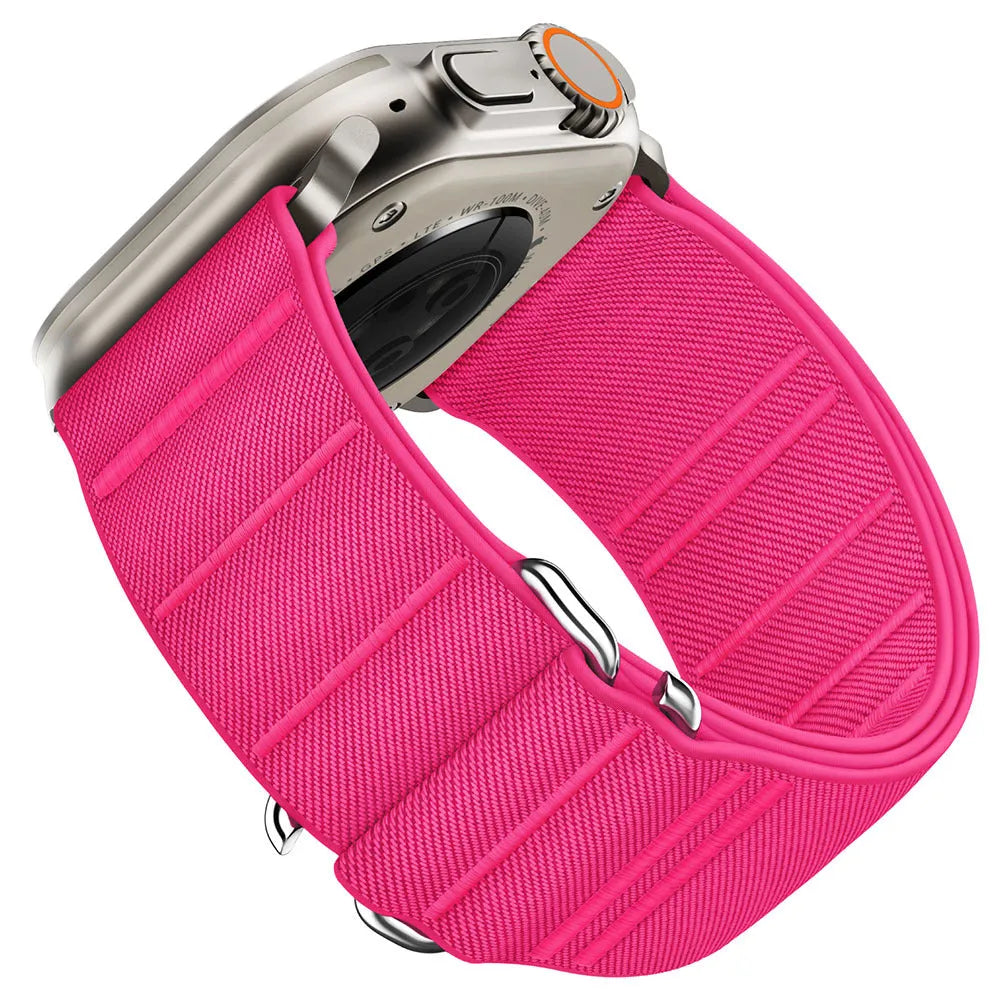 Elastic nylon sports watchband with stainless steel buckle for Apple Watch, shown in multiple colour options.