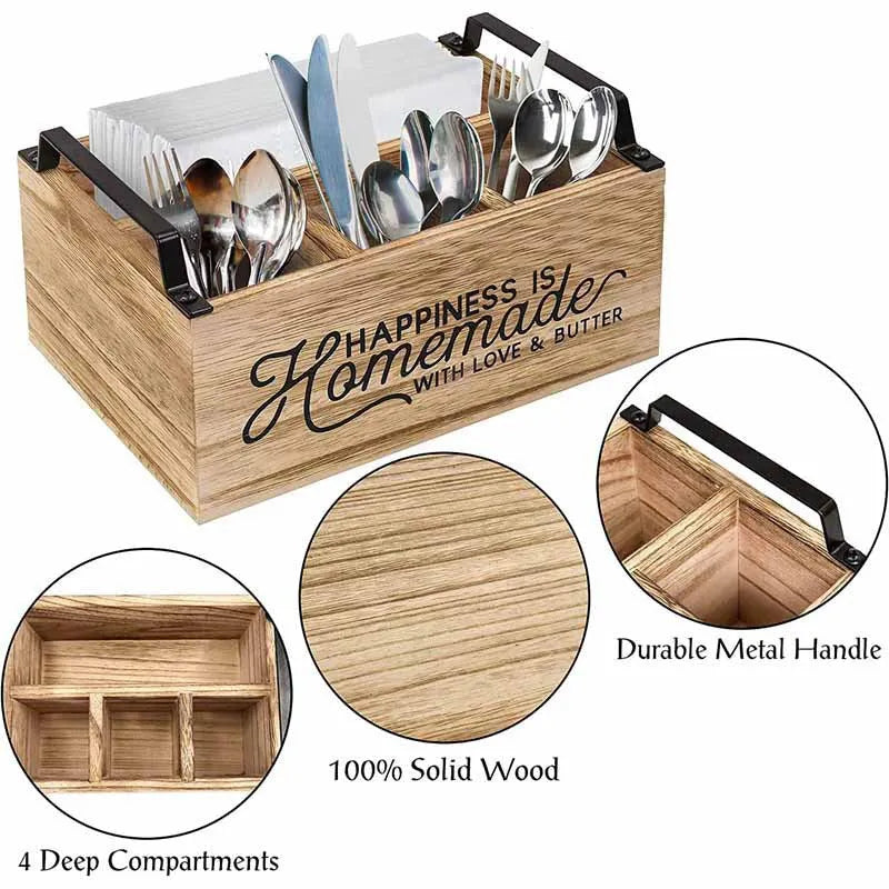 Wooden kitchen tableware storage box with grid dividers showing utensils organised in compartments