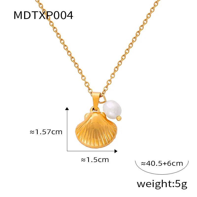 French vintage shell pendant necklace with freshwater pearl beads on titanium steel chain