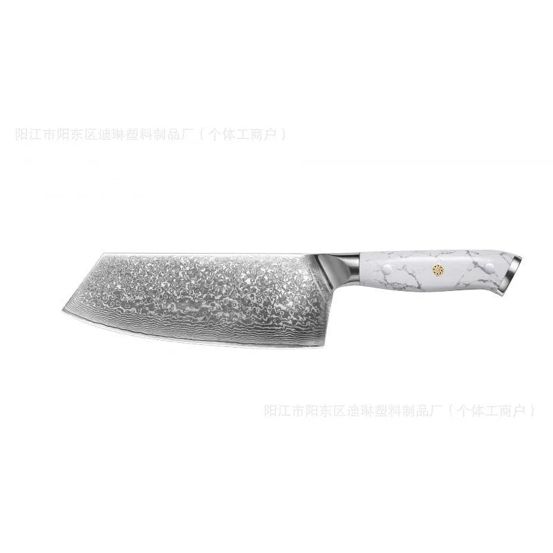 Damascus pattern chef's knife with VG10 steel blade and modern handle on a kitchen counter.