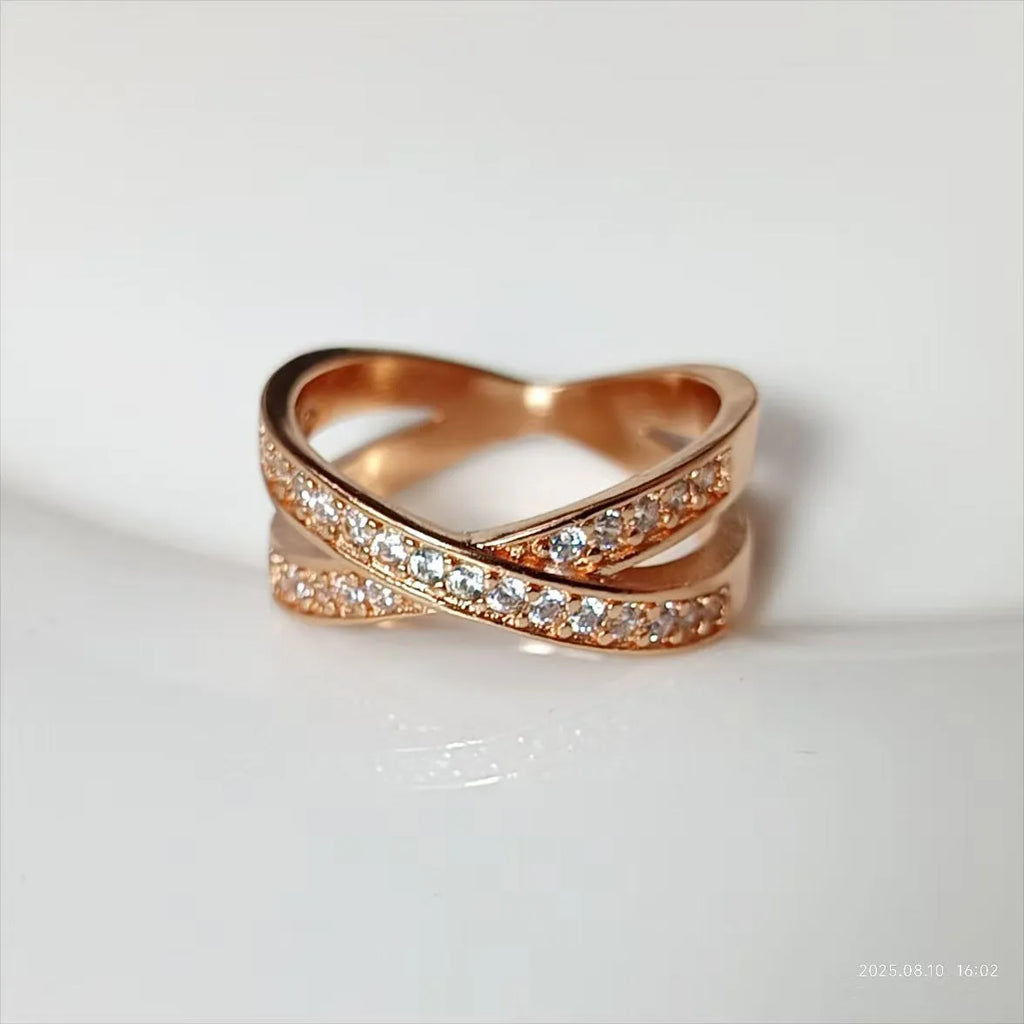 Metal cross ring with micro-inlaid zircon detailing in silver or rose gold electroplate finish