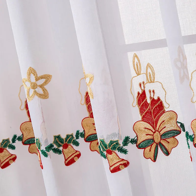 American Christmas curtain with white snowflake embroidery on red fabric, showing semi-sunshade texture.