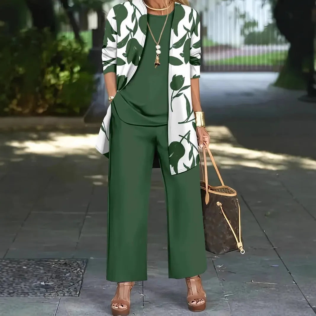 Women's printed three-piece casual suit set in polyester, showing jacket, vest, and trousers.