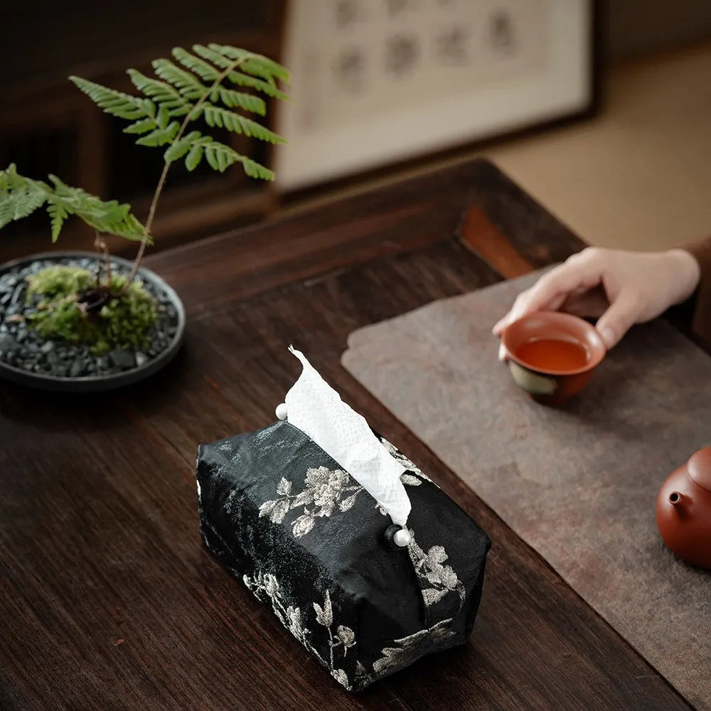 Chinese style brocade tissue box cover with embroidered white plum design, available with or without pearl buckle