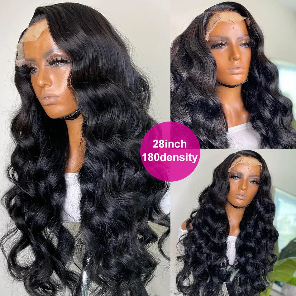 Black long curly synthetic lace front wig with side bangs on a model