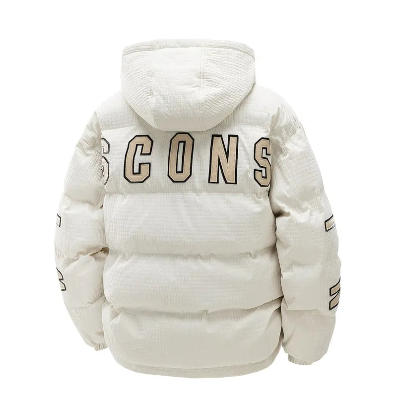 Men's black Korean style hooded coat with letter print and side seam pockets.