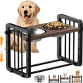 Black wooden dog bowl stand with non-slip base measuring 37cm by 23cm