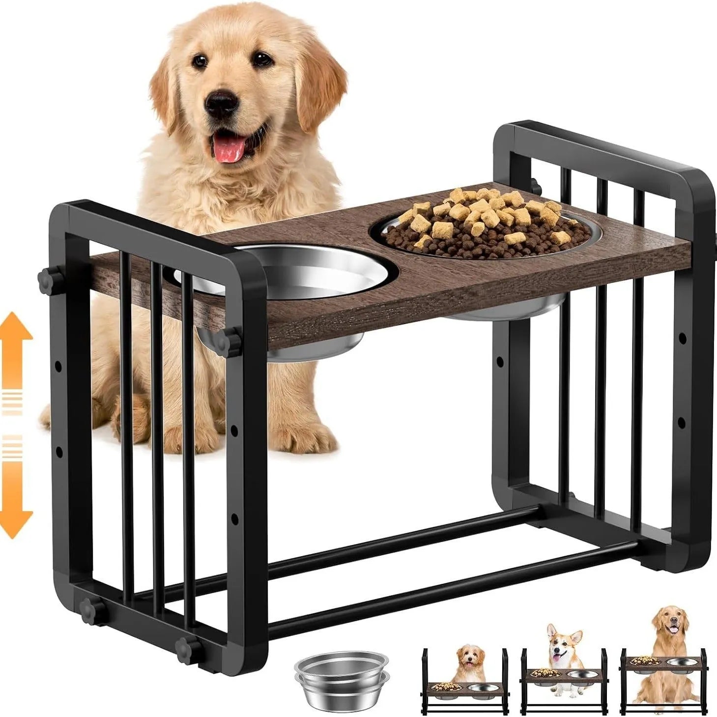 Black wooden dog bowl stand with non-slip base measuring 37cm by 23cm