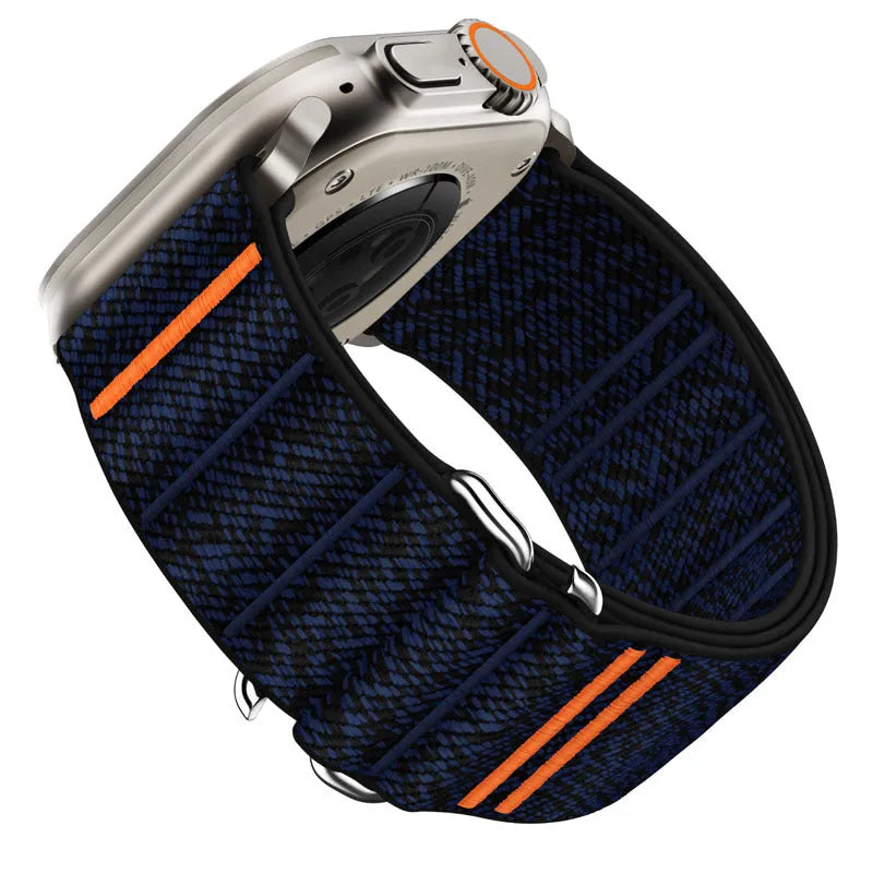 Elastic nylon sports watchband with stainless steel buckle for Apple Watch, shown in multiple colour options.