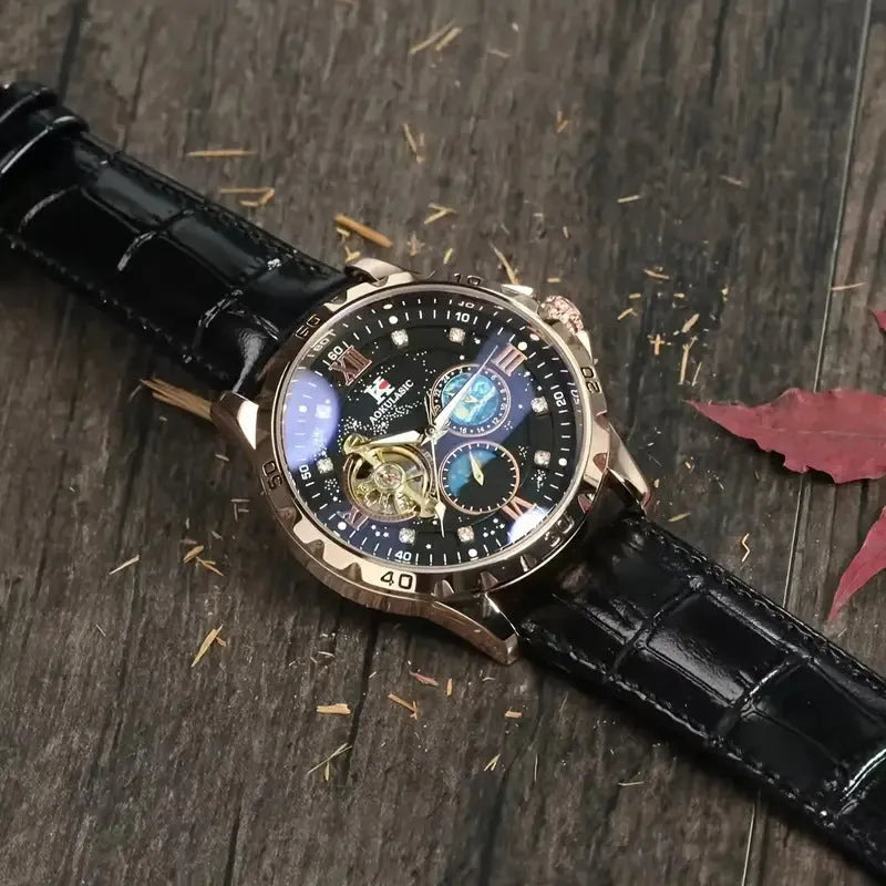 Men's black automatic mechanical watch with rose gold case and hollow dial showing movement
