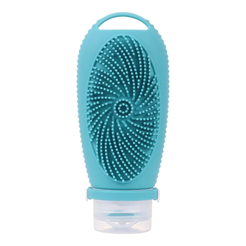 Silicone bath brush storage bottle in a selection of colours including pink, orange, and light grey.