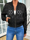 Black women's casual jacket with geometric pattern and front zipper.