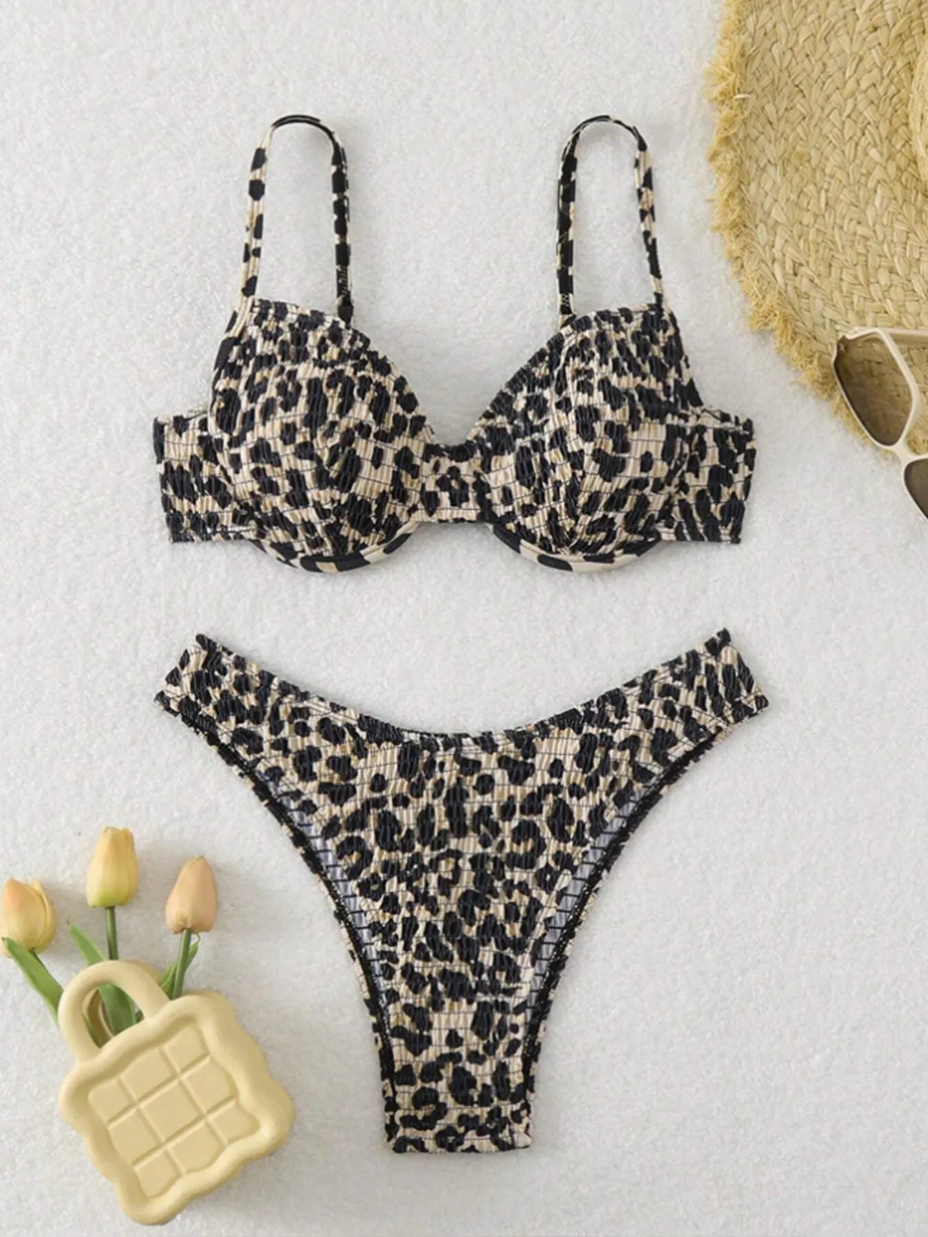Leopard print bikini swimsuit for women with backless design in brown mixed colour