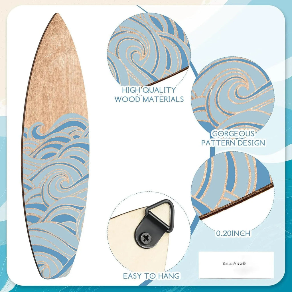 Three identical wooden surfboard-shaped wall decorations made from boxwood, shown against a plain background
