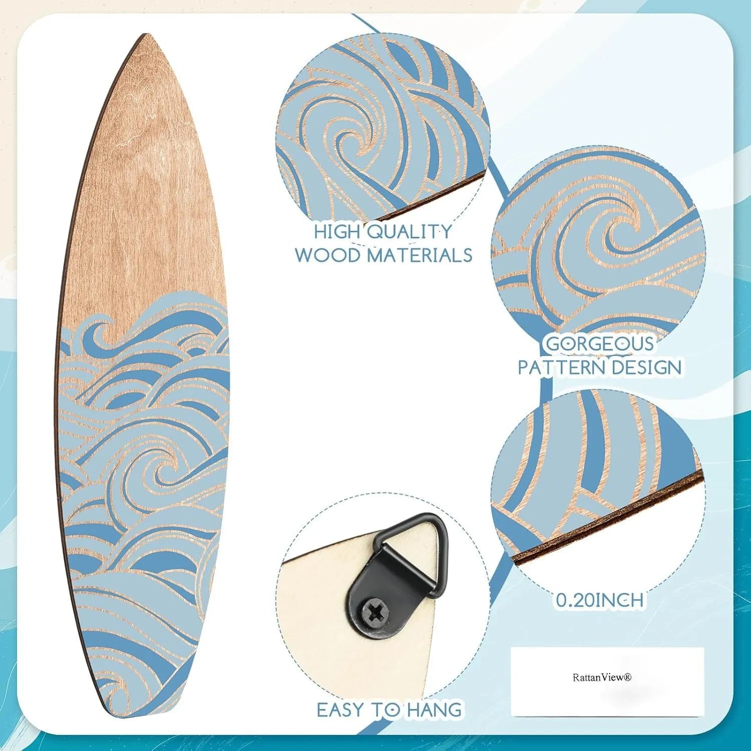 Three identical wooden surfboard-shaped wall decorations made from boxwood, shown against a plain background
