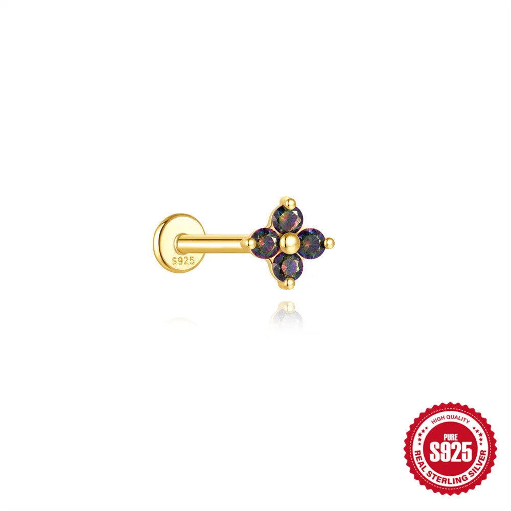 S925 sterling silver threaded ear piercing with super shiny flat head and rainbow stone in a gold colour.