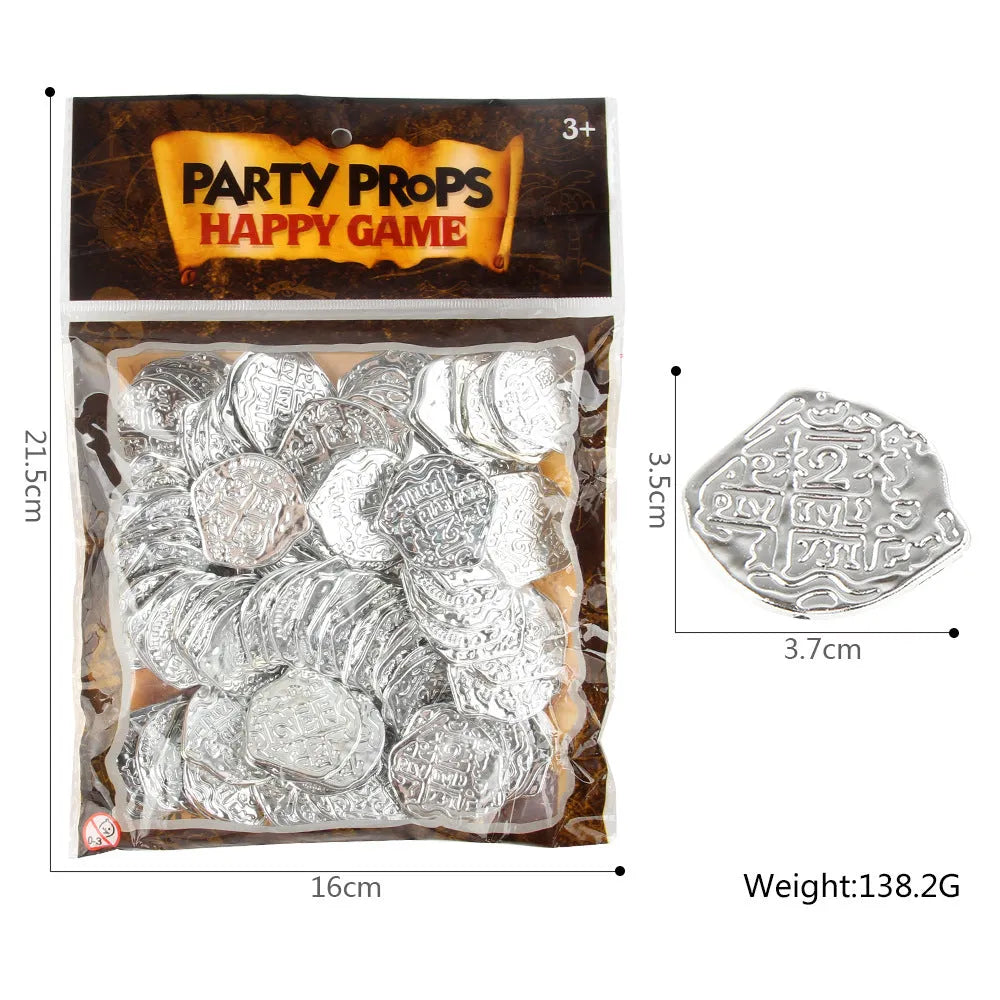 Plastic Roman pirate coins in gold, silver, and bronze electroplated finishes