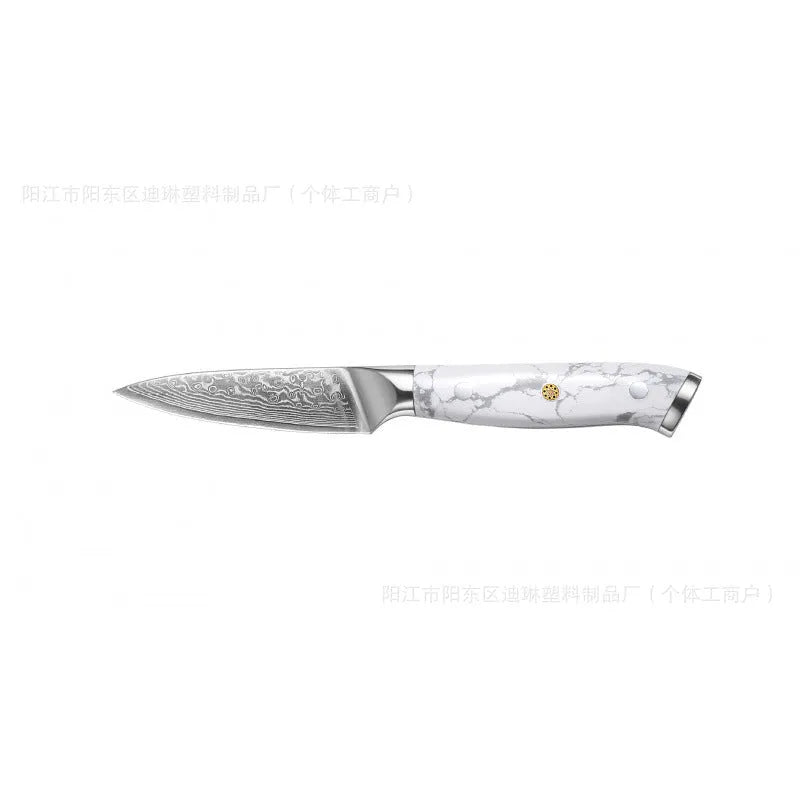 Damascus pattern chef's knife with VG10 steel blade and modern handle on a kitchen counter.