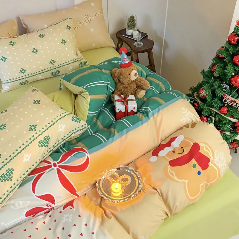 Christmas cartoon printed bedding set with Gingerbread Man design on washed cotton