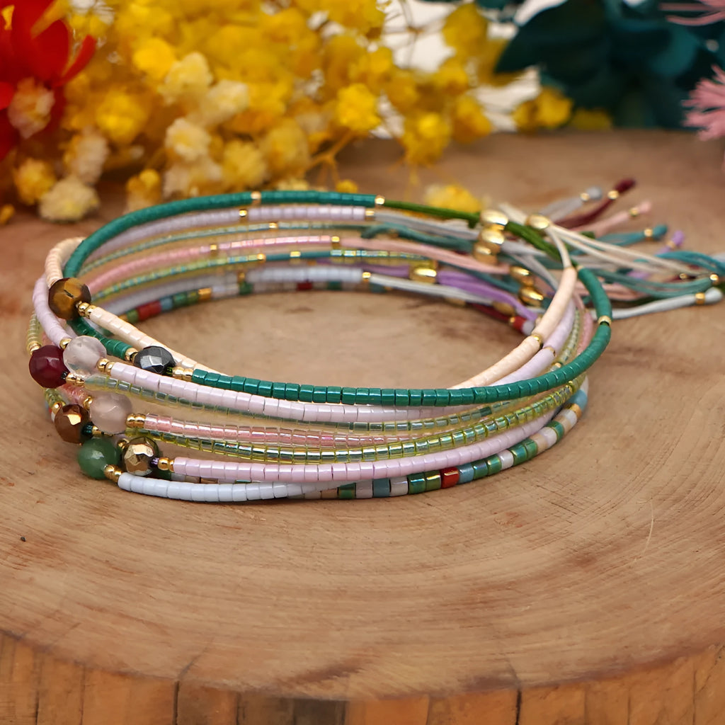 Handmade bohemian-style bracelet with colourful geometric glass beads for women.