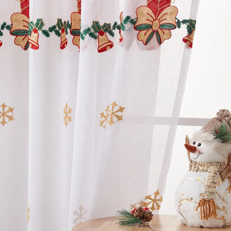 American Christmas curtain with white snowflake embroidery on red fabric, showing semi-sunshade texture.