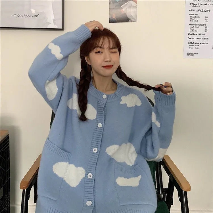 Women's blue cloud pattern spandex cardigan sweater with loose fit and long sleeves