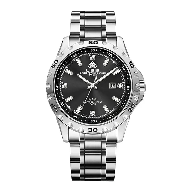 Men's silver business watch with luminous dial on stainless steel strap