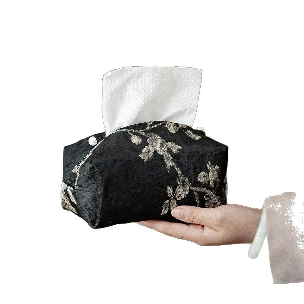 Chinese style brocade tissue box cover with embroidered white plum design, available with or without pearl buckle