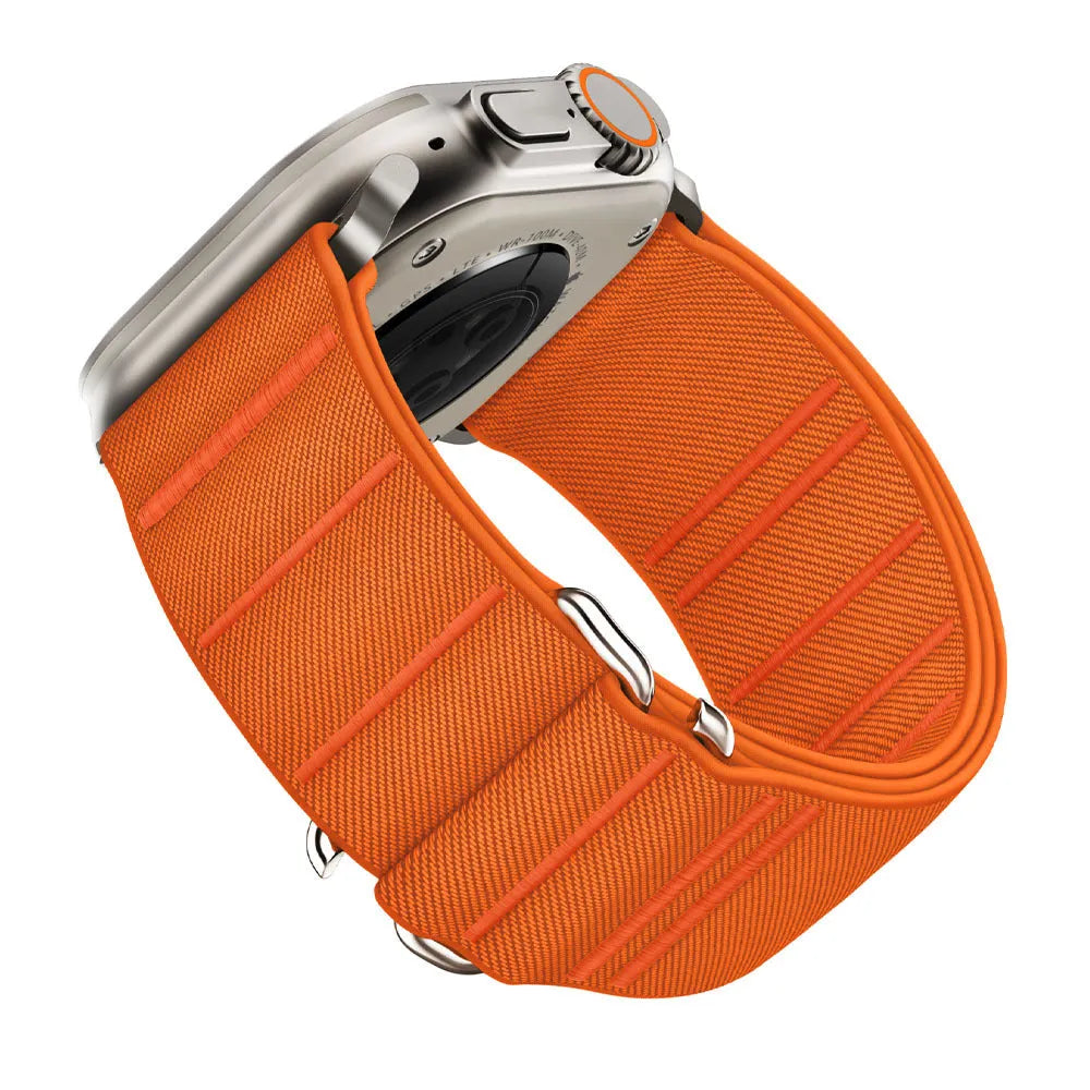 Elastic nylon sports watchband with stainless steel buckle for Apple Watch, shown in multiple colour options.