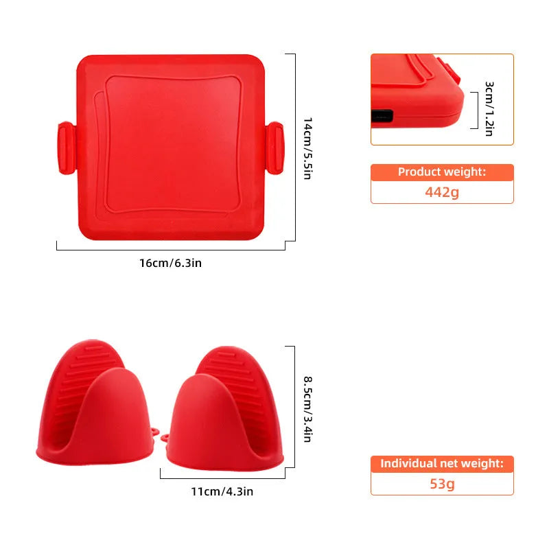 Red silicone baking tray and matching anti-scald gloves set in colour box packaging.