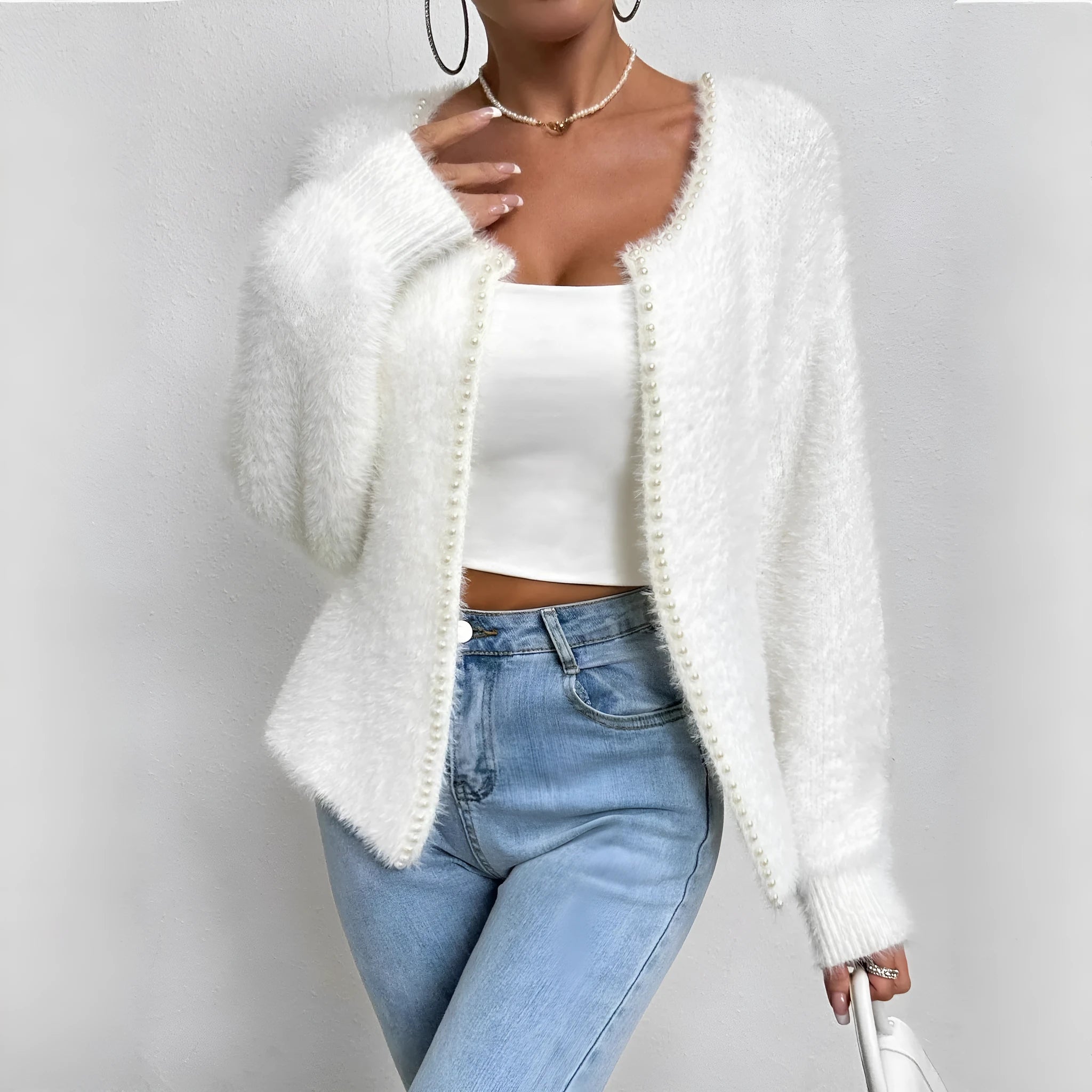 White women's V-neck cardigan sweater with medium thickness polyester knitwear