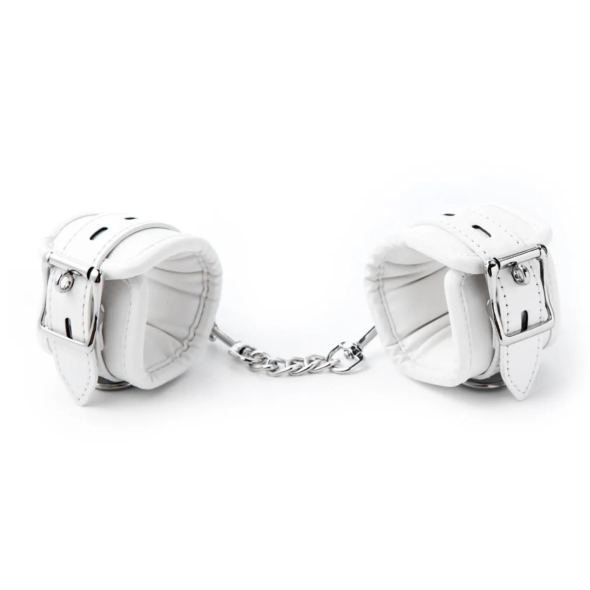 White PU sponge bondage restraint set showing handcuffs, footcuffs and neck scarf