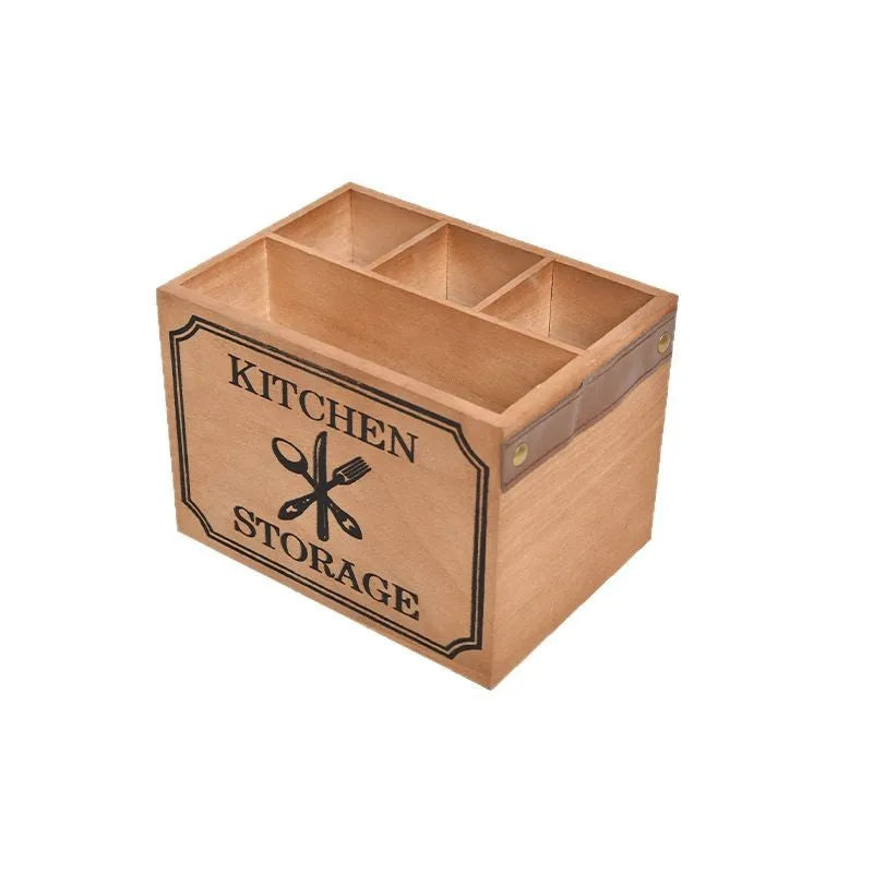 Wooden kitchen storage box with internal grid for knives forks chopsticks organisation
