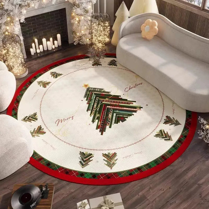 Round Christmas carpet with velvet pile in seasonal red colours on living room floor