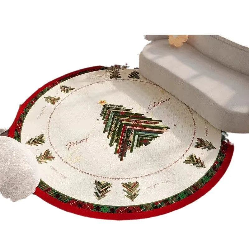 Round Christmas carpet with velvet pile in seasonal red colours on living room floor