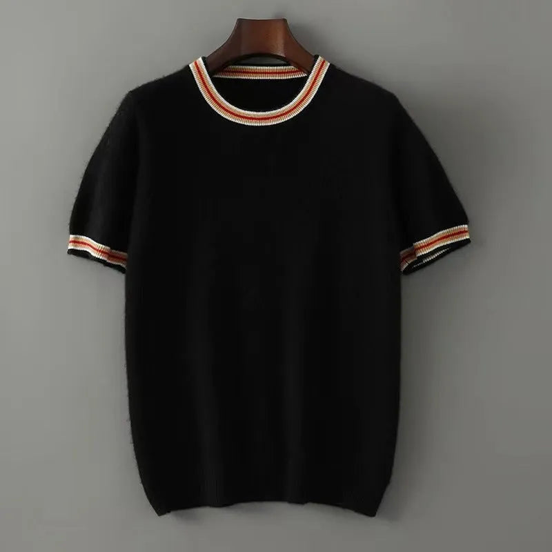 Men's pure wool short sleeve round neck sweater in grey displayed flat