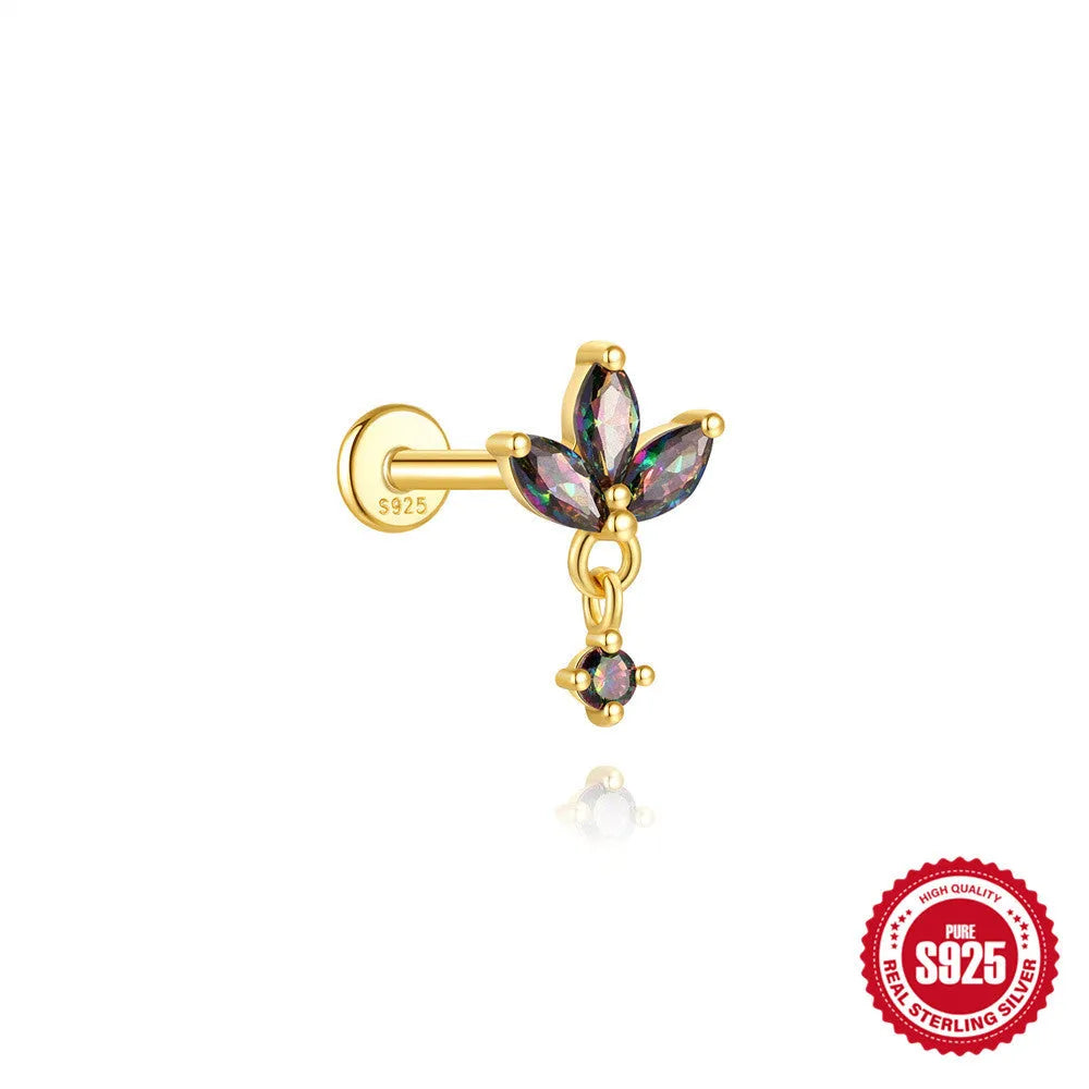 S925 sterling silver threaded ear piercing with super shiny flat head and rainbow stone in a gold colour.