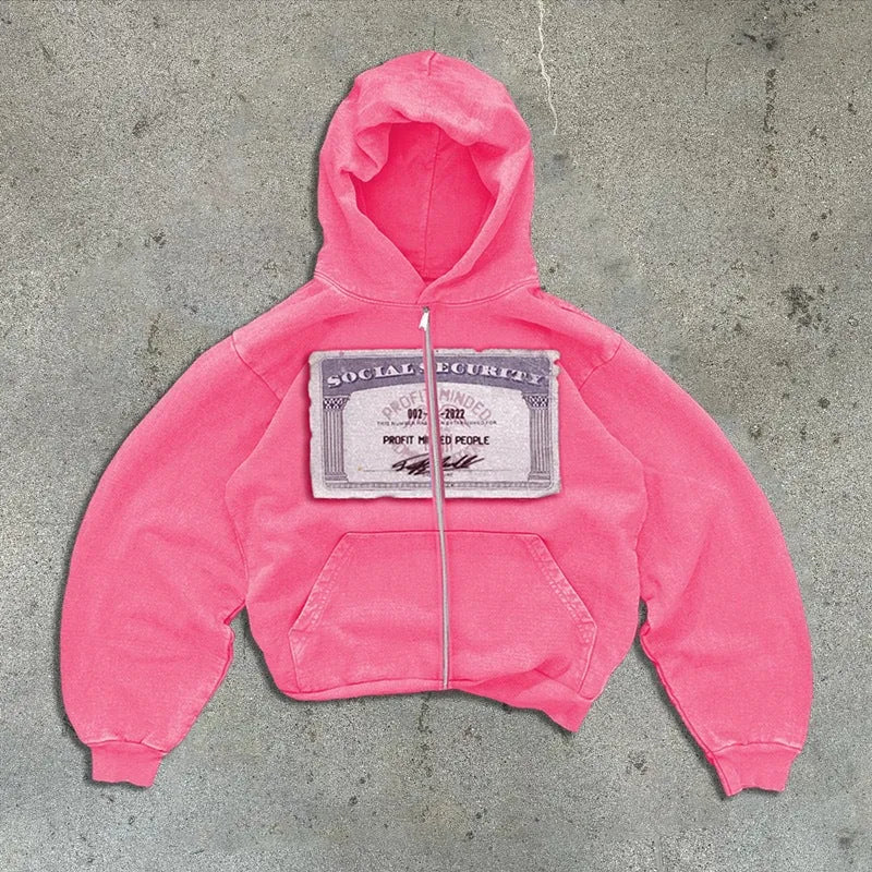 Black loose fit zip-up hoodie jacket with a letter pattern and zipper pockets for men and women.