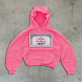 Black loose fit zip-up hoodie jacket with a letter pattern and zipper pockets for men and women.