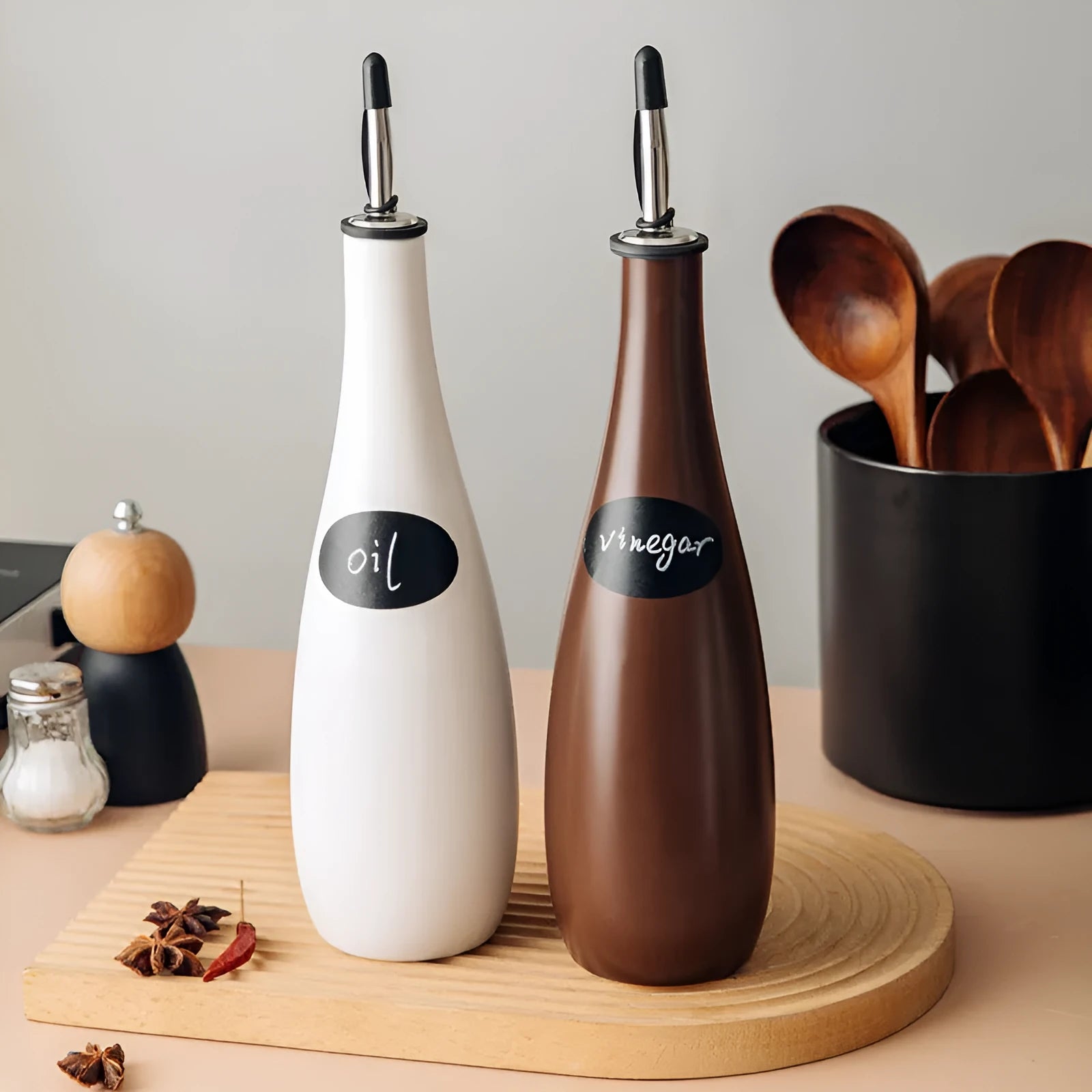 Ceramic oil pot with funnel for kitchen use in black, coffee, or white colour