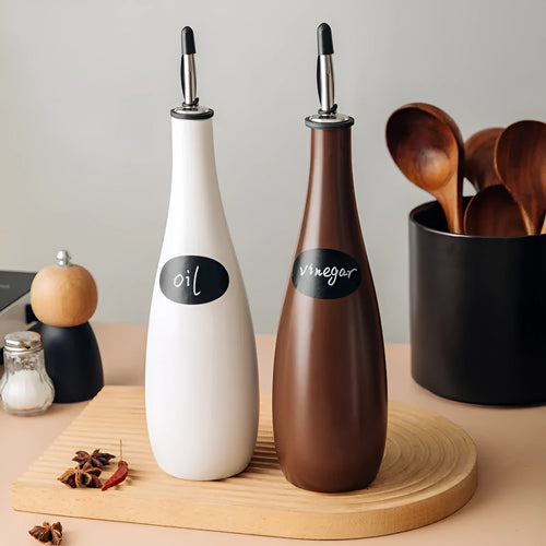 Ceramic oil pot with funnel for kitchen use in black, coffee, or white colour