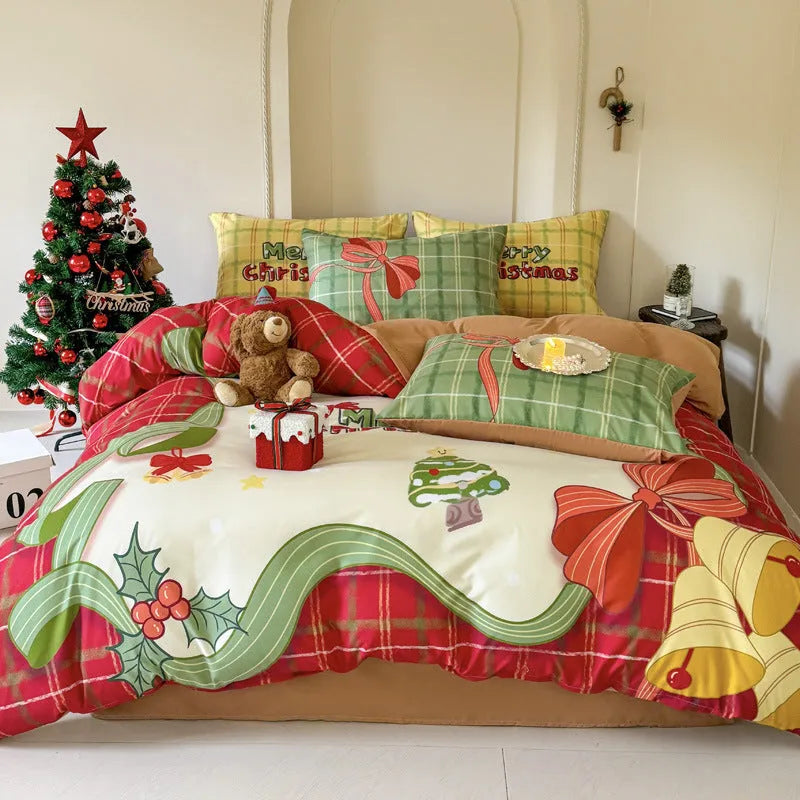 Christmas cartoon printed bedding set with Gingerbread Man design on washed cotton
