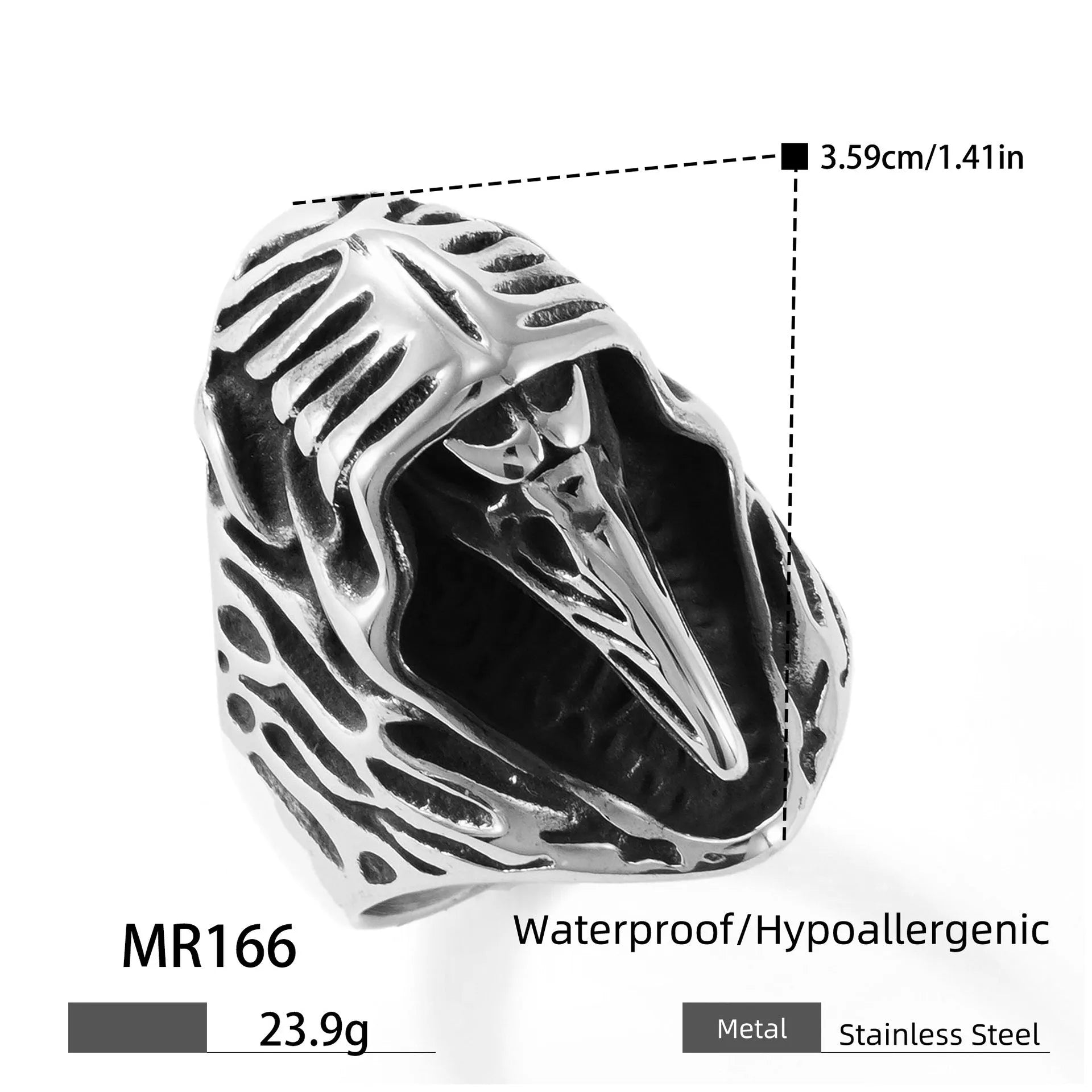 Geometric crow stainless steel ring in MR166 colour on a grey background