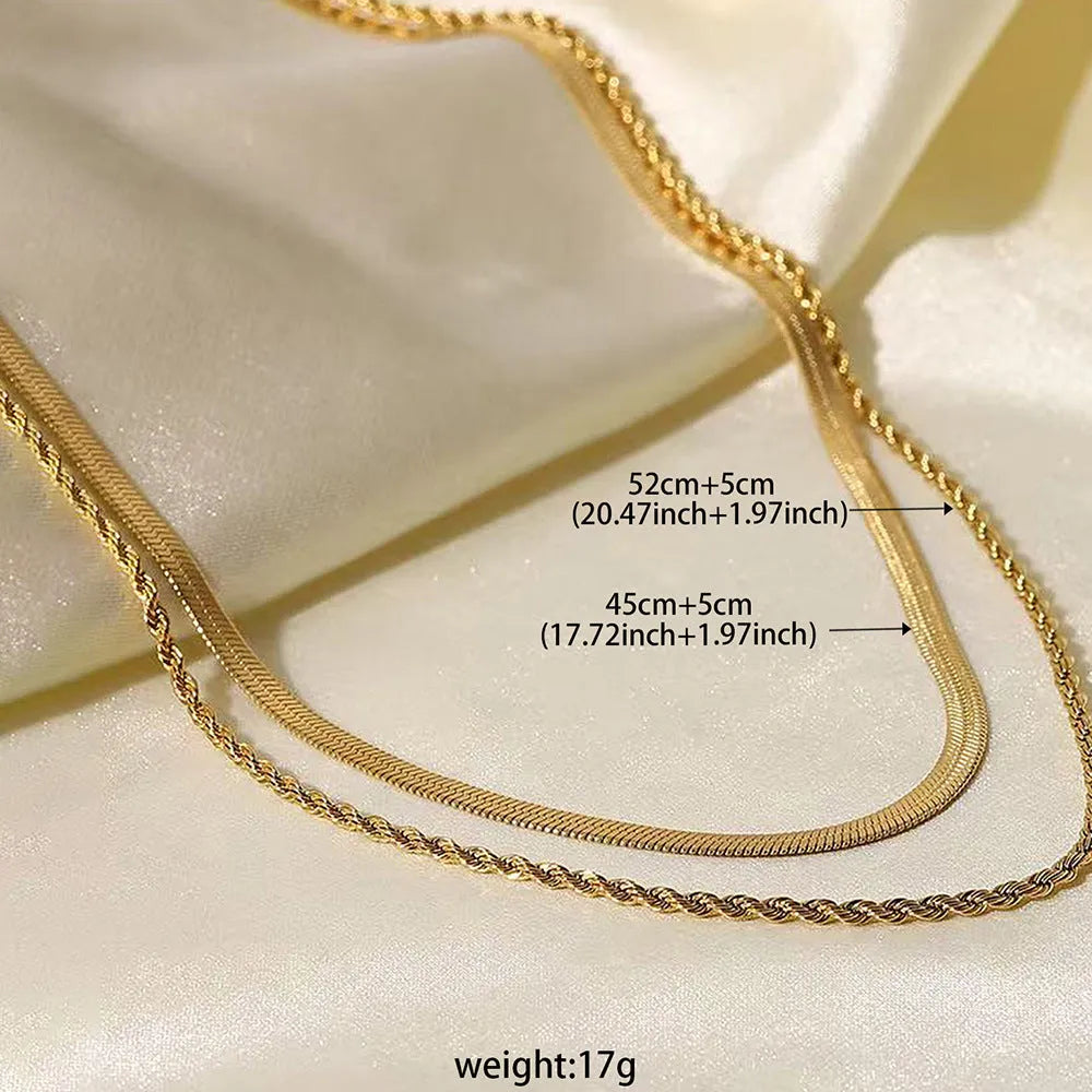 Women's retro geometric double-layer twist necklace in silver or gold tone on adjustable snake bones chain.