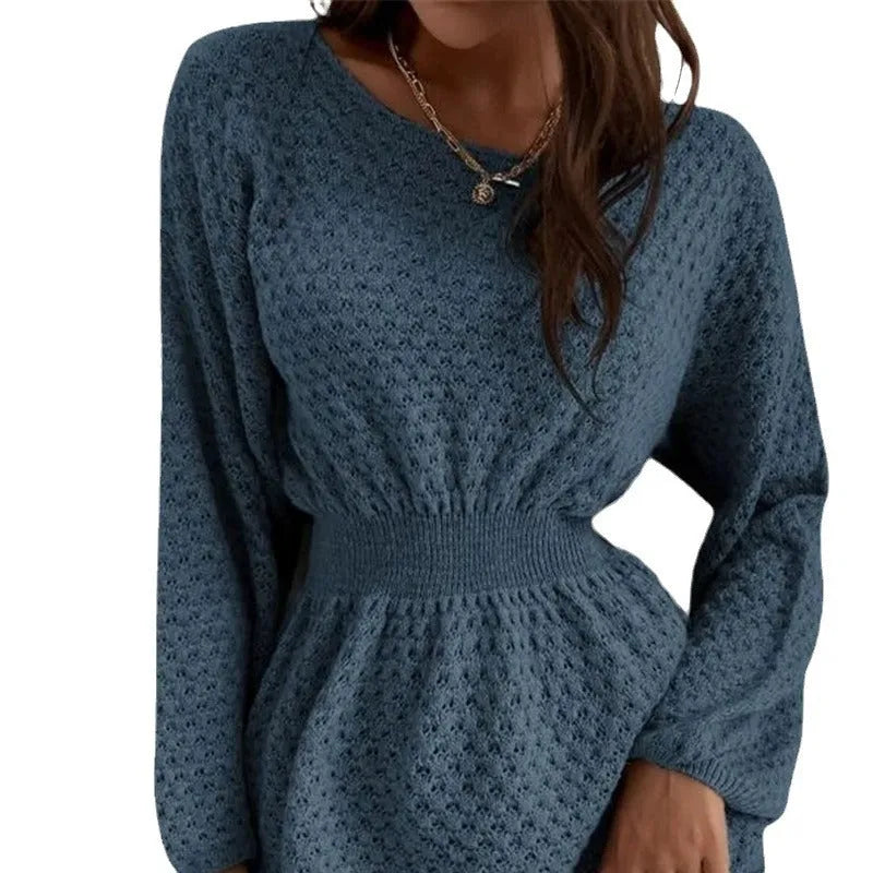 Blue women's knitted dress with fitted waist, French loose neck, and hand-crocheted flower decorations