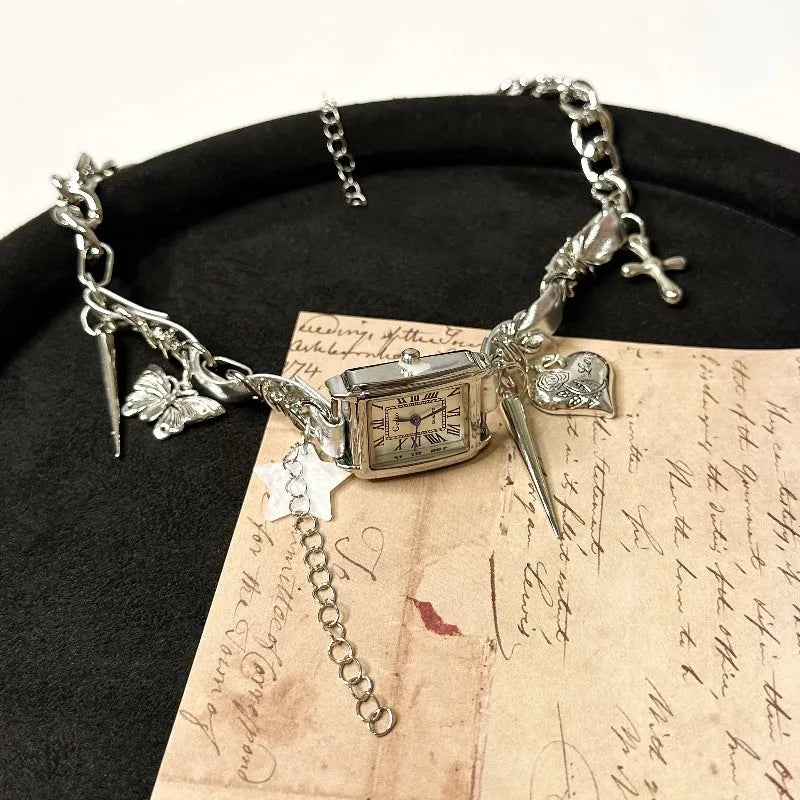 Dark women's multi-layer cross necklace with twin clavicle chains and adjustable 41-50cm length