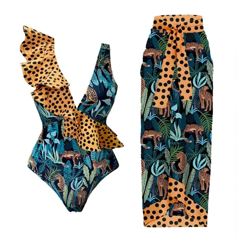 Women's solid colour one-piece swimsuit with spaghetti straps and a detachable skirt.