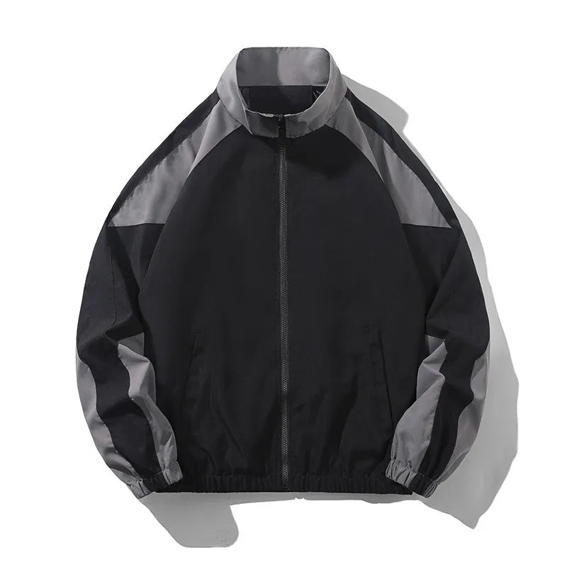 Men's black loose-fit casual jacket with contrast stitching and side pockets for spring and autumn.