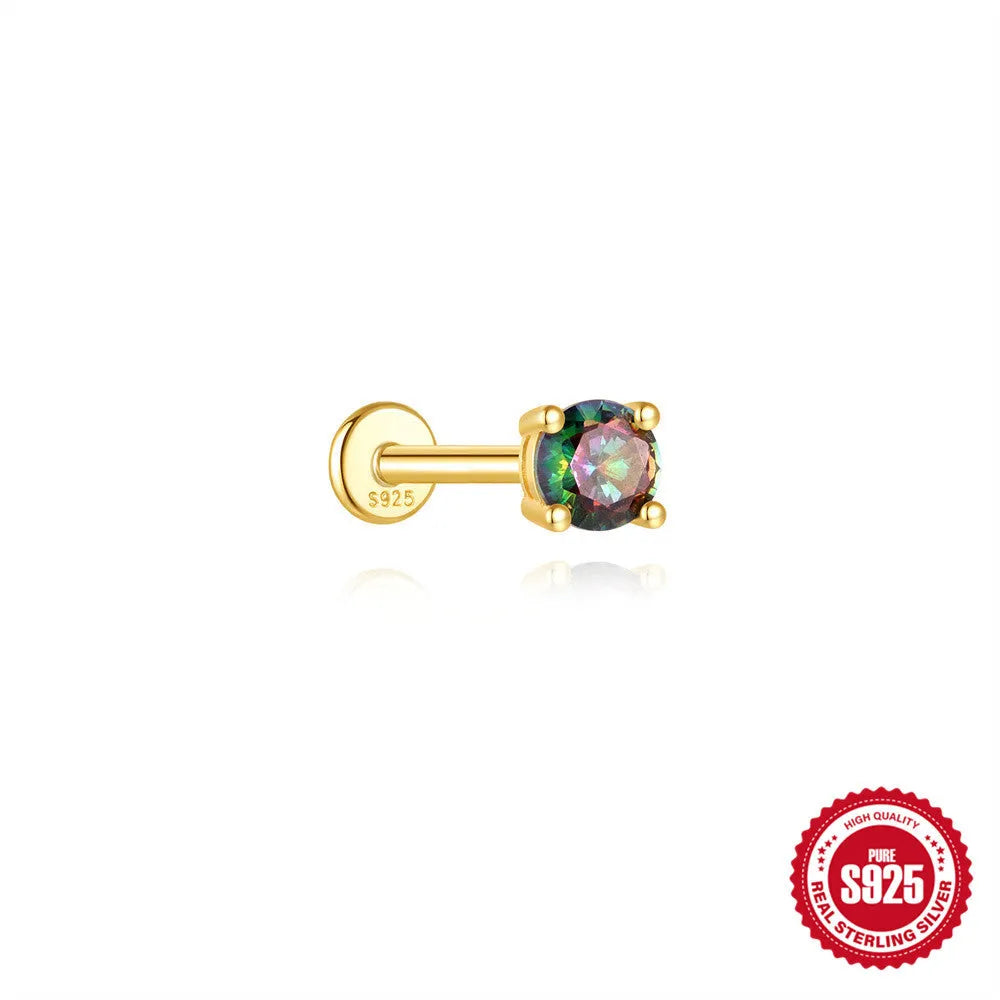 S925 sterling silver threaded ear piercing with super shiny flat head and rainbow stone in a gold colour.