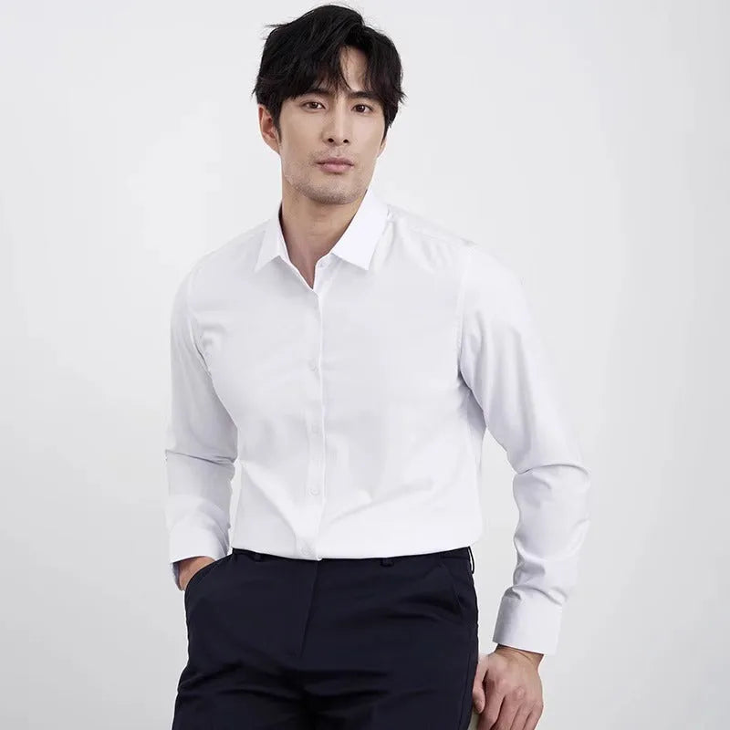 Wine red men's slim fit business casual shirt with long sleeves and non-iron polyester fabric